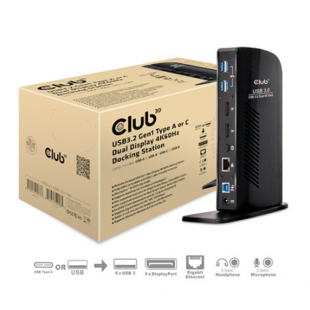 CLUB3D USB3.2 Gen1 Type A or C Dual Display 4K60Hz Docking Station DisplayLink® Certified