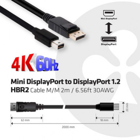 CLUB3D Mini DisplayPort to DisplayPort 1.2 M/M 2m/6.56ft 4K60Hz