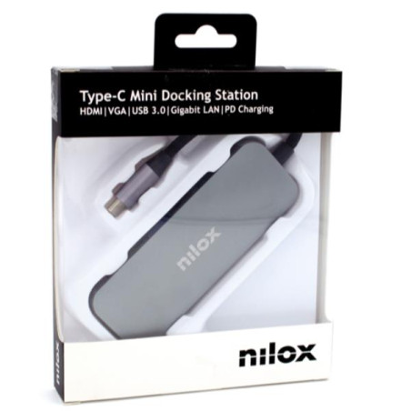 Nilox DOCKING STAT HDMI VGA PD ETH 3USB USB 3.2 Gen 1 (3.1 Gen 1) Type-C Alluminio