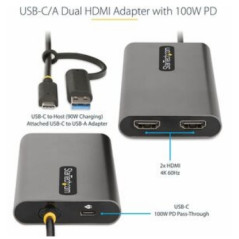 StarTech.com USB-C to Dual-HDMI Adapter, USB-C or A to 2x HDMI, 4K 60Hz, 100W PD Pass-Through, 1ft (30cm) Built-in Cable, Extern
