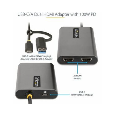 StarTech.com USB-C to Dual-HDMI Adapter, USB-C or A to 2x HDMI, 4K 60Hz, 100W PD Pass-Through, 1ft (30cm) Built-in Cable, Extern