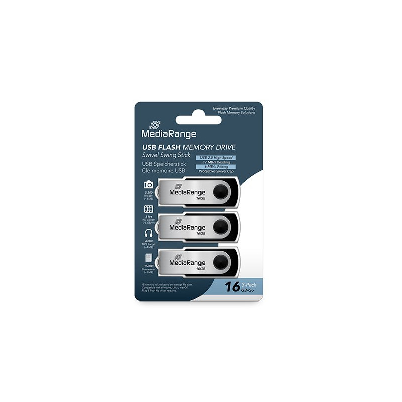 PENDRIVE 16GB USB 2.0 MEDIARANGE 3 PACK
