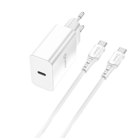 Kit cargador qcharx chronos 3a 20w puerto pd + cable type c a type c blanco