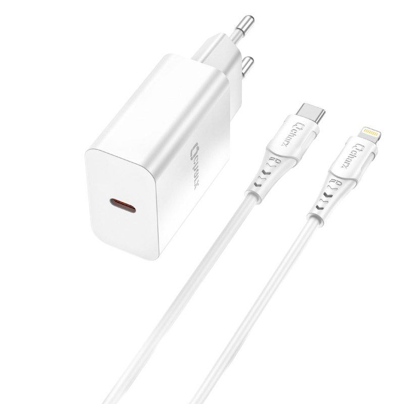 Kit cargador qcharx chronos 3a 20w + cable type c a lightning blanco