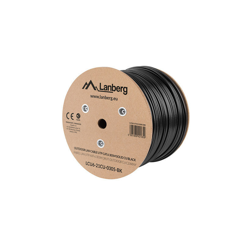Bobina para exterior lanberg cat.6 utp rj45 solido cobre fluke tested awg23 305m negro