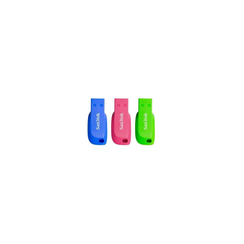 Memoria usb 2.0 sandisk 16gb cruzer blade pack 3 azul - verde - rosa