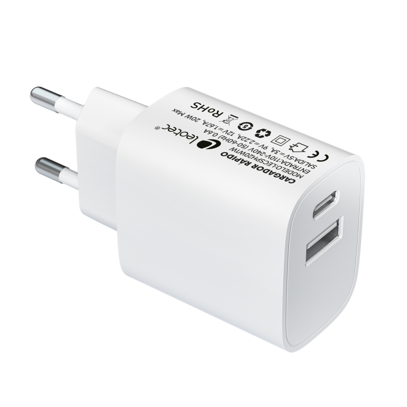 Cargador carga rapida 20w leotec 1 usb tipo - c pd 1 usb - a blanco