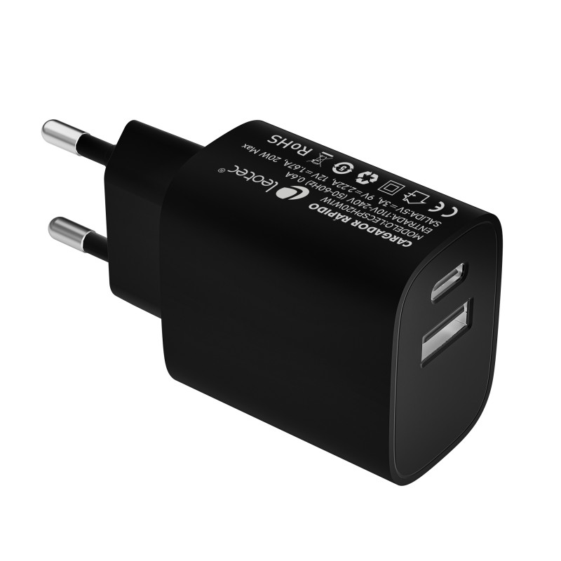 Cargador de pared leotec 20w carga rapida 1 usb tipo - c pd 1 usb - a negro
