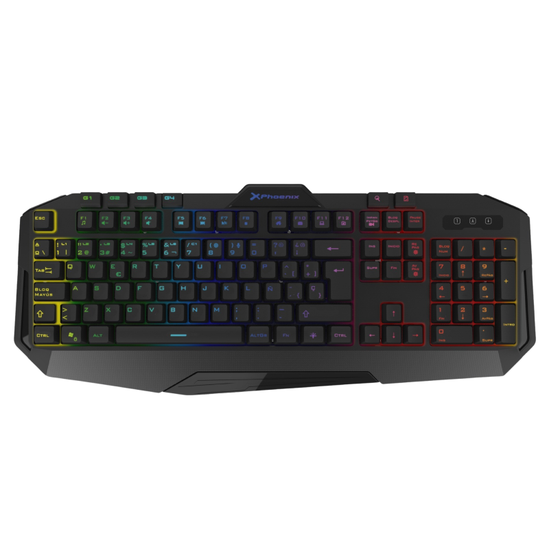 Teclado gaming phoenix con cable luz rgb 9 modos de iluminacin 4 botnes macro 12 teclas multimedia