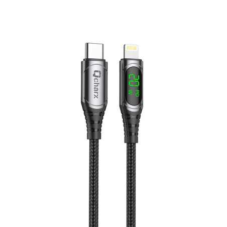 Cable qcharx mallorca tipo c a lightning 3a 20w - 1 m - aleacin aluminio negro  cable tela digital display