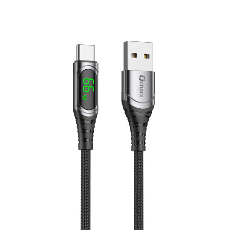 Cable qcharx menorca usb a tipo c 3a 66w - 1 m - aleacin aluminio negro cable suave digital display