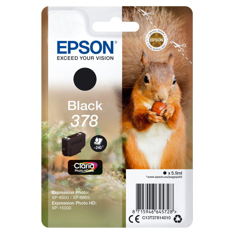 Cartucho tinta epson c13t37814010 singlepack negro 378 claria photo hd ink xp - 8500 ardilla