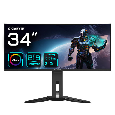 GIGABYTE Monitor da gioco curvo OLED WQHD MO34WQC2 da 34" - 3440 x 1440, 240Hz, 0.03ms, KVM, 250 cd m², FreeSync Premium Pro,