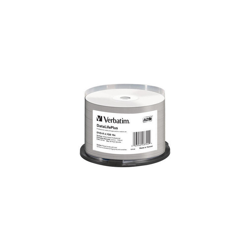 VERBATIM DVD-R 4,7GB 16X 50 PACK SPINDLE DATALIFE PLUS WIDE INKJET PRINTABLE PROFESSIONAL 43744 VERBATIM DVD-R 4,7GB 16X 50 PACK SPINDLE DATALIFE PLUS WIDE INKJET PRINTABLE PROFESSIONAL 43744