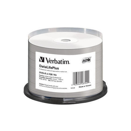 VERBATIM DVD-R 4,7GB 16X 50 PACK SPINDLE DATALIFE PLUS WIDE INKJET PRINTABLE PROFESSIONAL 43744
