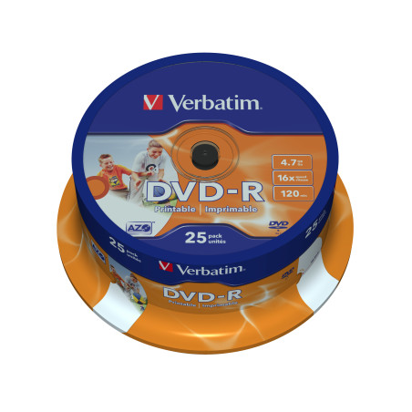 VERBATIM DVD-R 4.7GB 16X 25 PACK SPINDLE WIDE INKJET PRINTABLE SURFACE 43538
