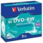 VERBATIM DVD-RW 4.7GB 4X 5 PACK JEWEL CASE MATT SILVER SURFACE 43285 VERBATIM DVD-RW 4.7GB 4X 5 PACK JEWEL CASE MATT SILVER SURFACE 43285