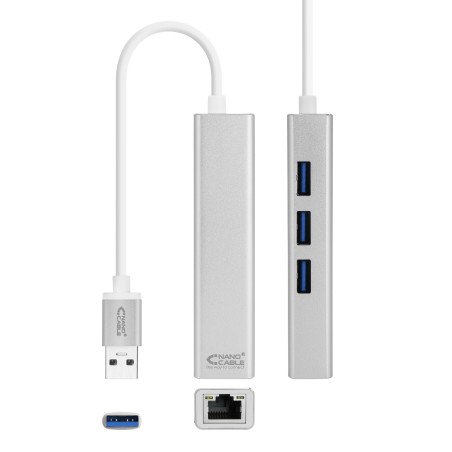 Cable usb tipo a 3.0 a ethernet gigabit+3xusb nanocable 0.15m plata