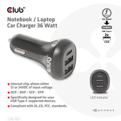 CARGADOR DE COCHE CLUB3D PARA PORTÁTIL 36W