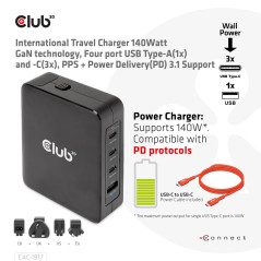 CARGADOR DE VIAJE INTERNATIONAL CLUB3D GAN 140W