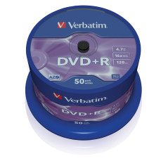 VERBATIM DVD+R 4.7GB 16X 50 PACK SPINDLE MATT SILVER SURFACE 43550