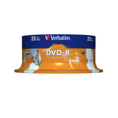 VERBATIM DVD-R 4.7GB 16X 25 PACK SPINDLE WIDE INKJET PRINTABLE SURFACE 43538