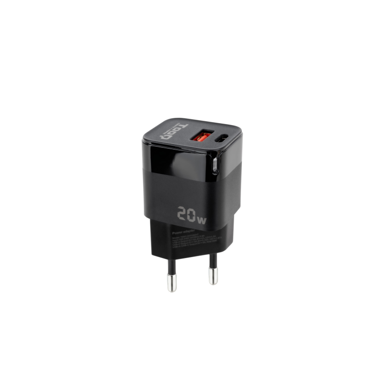 Cargador pared tooq usb - c - pd + usb - a - qc 20w negro