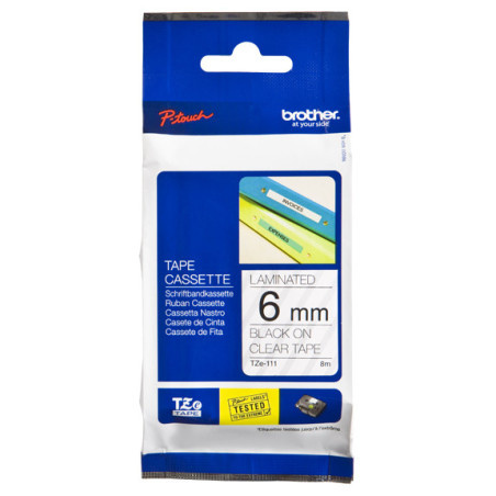 Cinta laminada brother tze111 8mm x 6mm transparente - negro