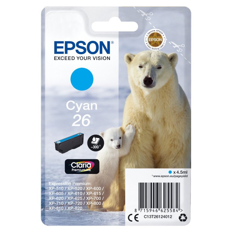 Cartucho tinta epson t261240 cyan 26 xp - 600 - 605 - 700 - 800 -  oso polar