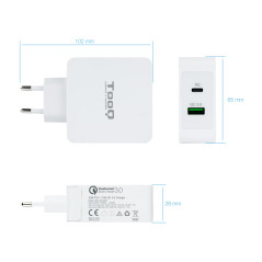 TooQ Cargador de Pared doble puerto USB-C PD + USB A QC3.0, 48W
