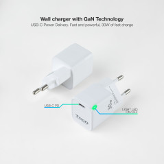 TooQ Cargador de Pared GAN USB-C/PD 30W, Blanco