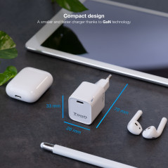 TooQ Cargador de Pared GAN USB-C PD 30W, Blanco