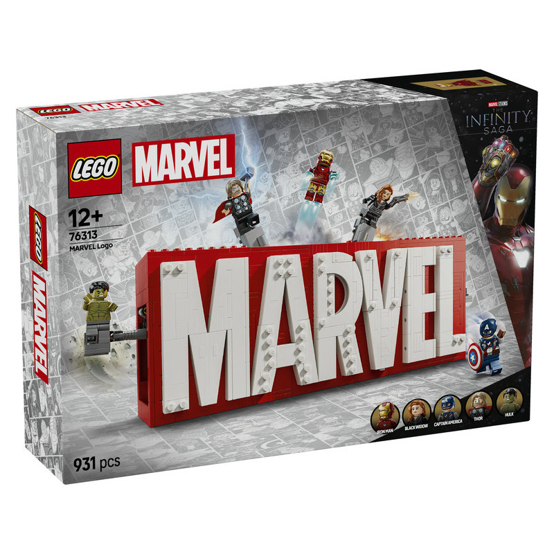Lego marvel logotipo y figuras