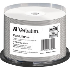 VERBATIM DVD-R 4,7GB 16X 50 PACK SPINDLE DATALIFE PLUS WIDE INKJET PRINTABLE PROFESSIONAL 43744