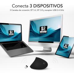 SUBBLIM RATON OPTICO DUAL GLIDE VERTICAL ERGO DUAL BATERIA NEGRO mouse Universale Mano destra Bluetooth + USB Type-A Ottico