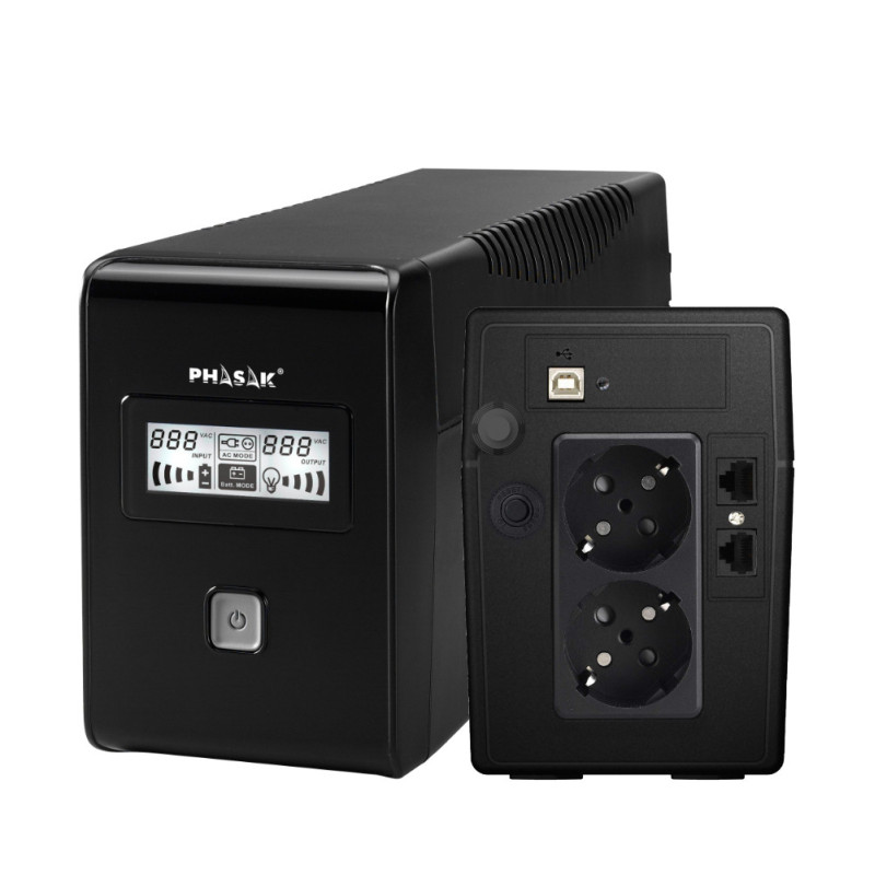 Phasak Esential gruppo di continuità (UPS) A linea interattiva 0,85 kVA 480 W 2 presa(e) AC Phasak Esential gruppo di continuità (UPS) A linea interattiva 0,85 kVA 480 W 2 presa(e) AC