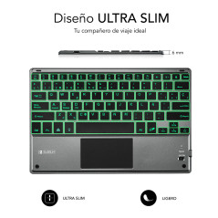 SUBBLIM TECLADO SMART BACKLIT TOUCHPAD BLUETOOTH GREY QWERTY Spagnolo Nero, Grigio