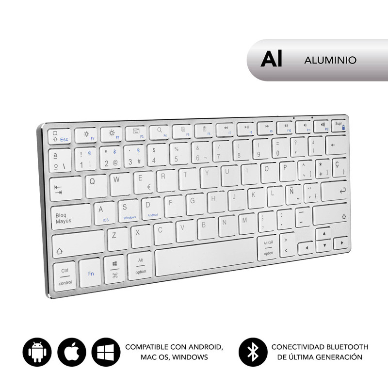 SUBBLIM SUB-KB-3ADC200 tastiera Universale Bluetooth QWERTY Spagnolo Argento, Bianco