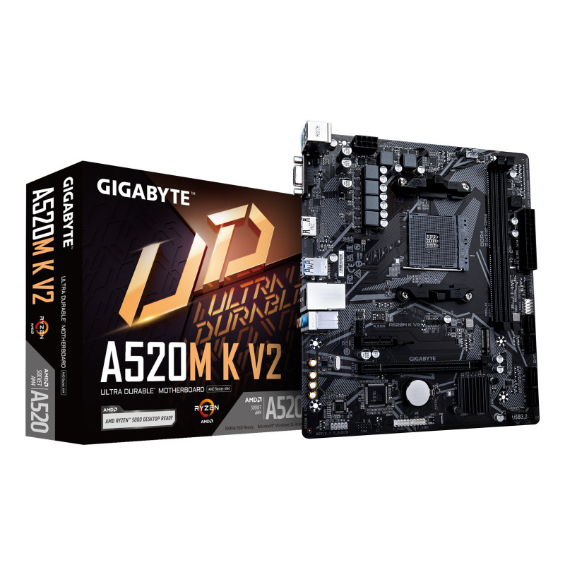 Placa base gigabyte a520m k v2 am4 m - atx -  2 x ddr4 -  4 x usb 3.2 -  2 x usb 2.0 -  1 x hdmi -  1 x d - sub -  1 x ps - 2