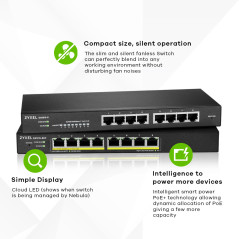 Switch 8 puertos zyxel gs1915 - 8ep gigabit ethernet poe 60w nebula