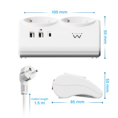 Regleta ewent 2 tomas shucko 2 puertos usb tipo a 1 puerto usb tipo c interruptor blanco