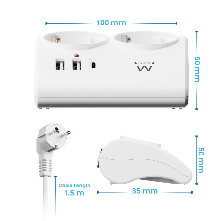 Regleta ewent 2 tomas shucko 2 puertos usb tipo a 1 puerto usb tipo c interruptor blanco