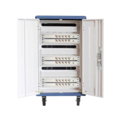 Armario rack de seguridad phasak montado con ruedas goma 30 compart. para portatil tablet y smartphone blanco - azul