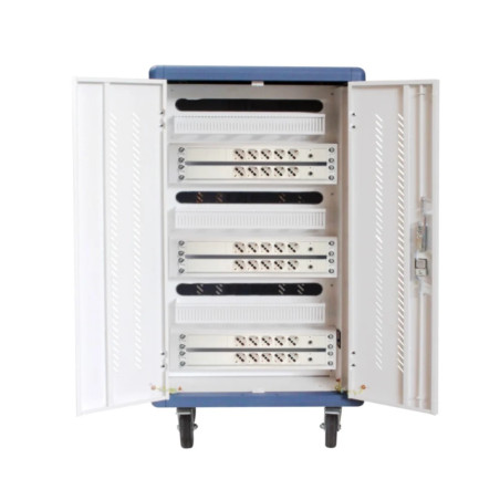 Armario rack de seguridad phasak montado con ruedas goma 30 compart. para portatil tablet y smartphone blanco - azul