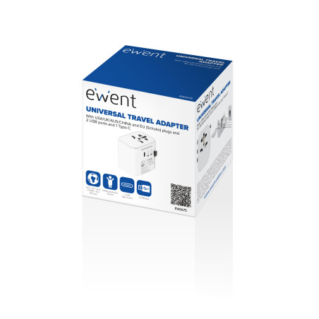 Enchufe universal viaje ewent ew1475 ue - usa - uk - aus - china 2 x usb - 1 x usb tipo c