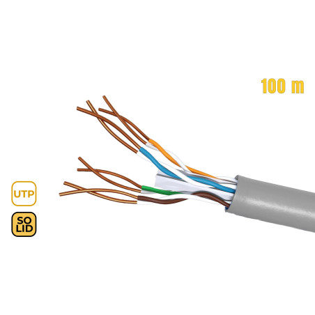 Bobina cable gris phasak utp awg23 100m  cat.6 - cca solido - awg 23