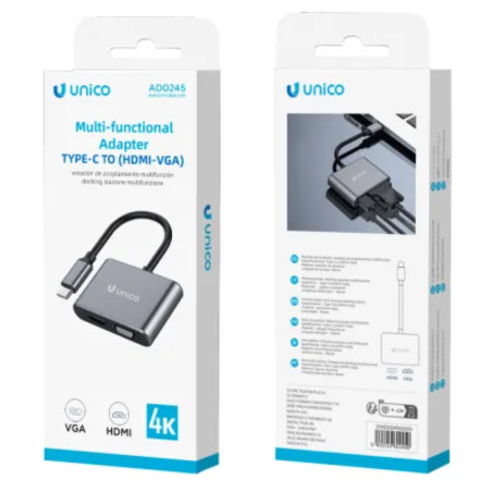 ADAPTADOR UNICO USB TIPO(C) A HDMI Y VGA