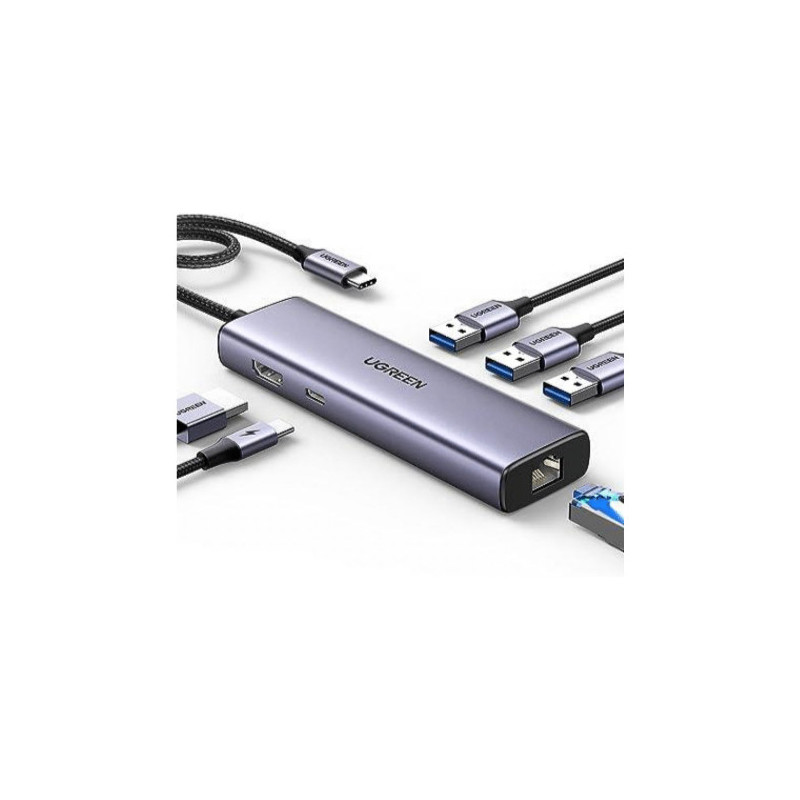 HUB UGREEN 6EN1 USB-C A HDMI + 3XUSB-A + RJ45 + PD