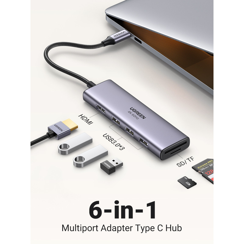 HUB UGREEN 6EN1 USB-C A HDMI + 3XUSB-A + SD/TF