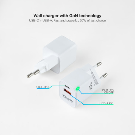 Cargador de pared tooq doble usb - c + usb a blanco 30w